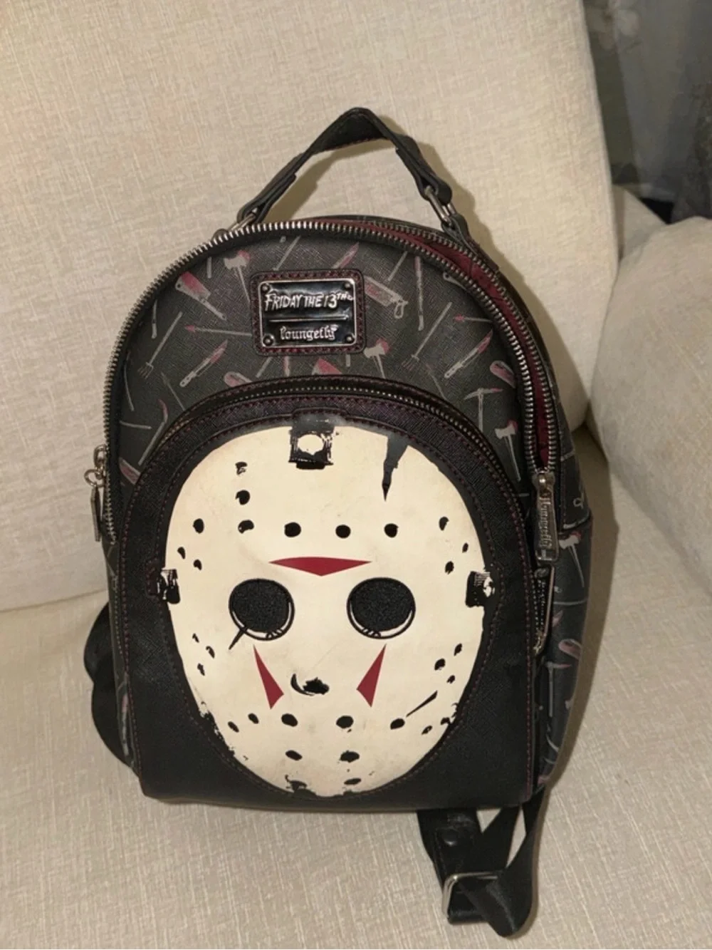Loungefly Jason Mask Mini Backpack in Black, White, Red